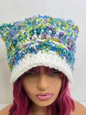 Handmade Crochet Cat Ear Beanie, Blue Green Purple Furry Hat
